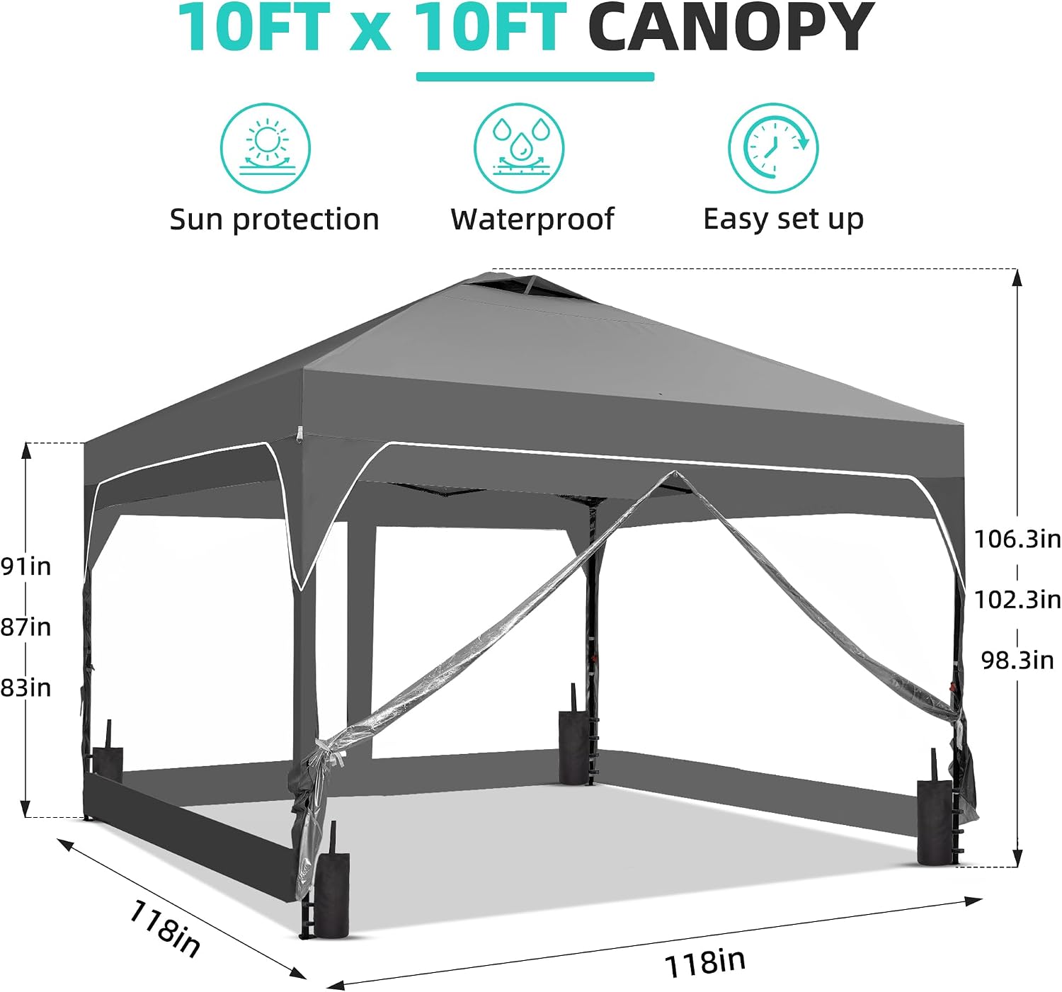 10x10 Pop Up Canopy Tent with One Push Setup, Portable Sun Shade Tent, Instant Easy Up Canopy with 4-Sidewalls & Hand Bag, Outdoor Fldable Gazebo with Vent Top, Grey.