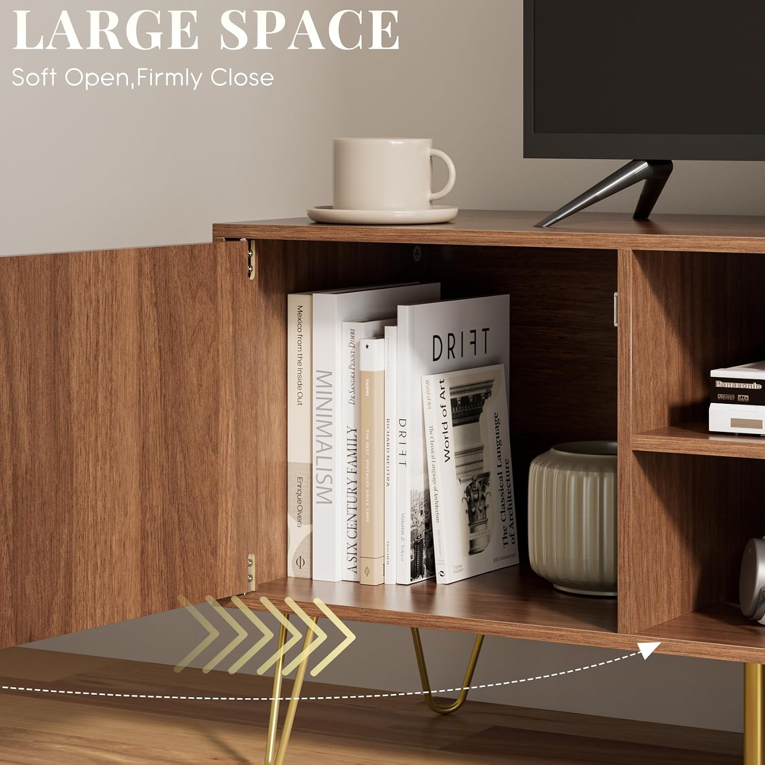 TV Stand for 55-65 Inch TV, Entertainment Center with Soft Hinge Door,TV Console Table with 2 Cabinets with Gold Handle and Feet,for Living Room, Bedroom, Walnut