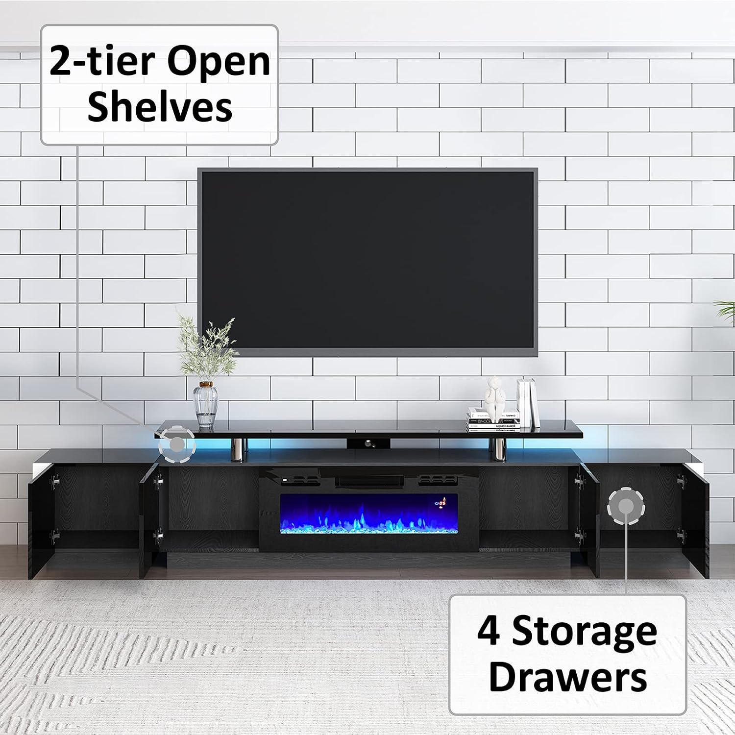 AMERLIFE 110' Large Fireplace TV Stand Set with 36' Electric Fireplace, Includes 70' 2-Tier Fireplace TV Stand, 2 x End Tables, Modern High Gloss TV Console with LED Light for Living Room, Black