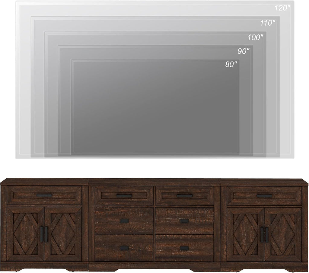 WAMPAT 110' W Large TV Stand,3-in-1 Farmhouse Entertainment Center with Storage Barn Door Cabinet,TV Console Table with Media Cabinet and Drawers for Living Room,Bedroom,Dark Brown