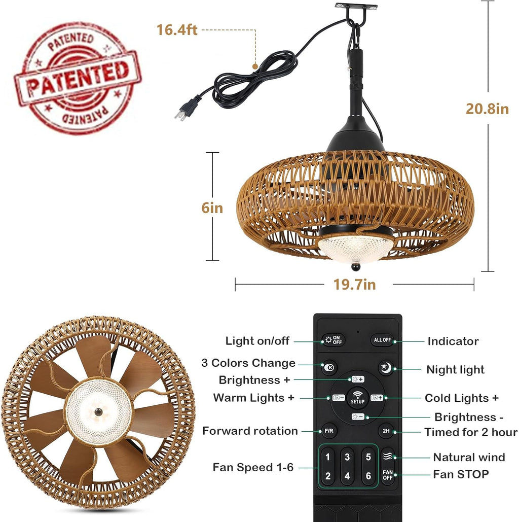 Waterproof Outdoor Ceiling Fan with Lights Remote Control, Wet Rated Gazebo Fan with 3 Color Temperatures&Dimmable LED Light, Boho Rattan Plug in Ceiling Fan for Indoor Bedroom/Outdoor Patios