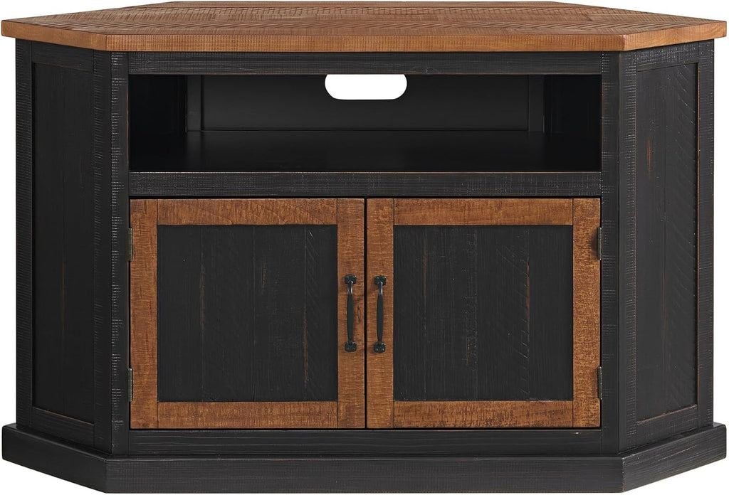 Martin Svensson Home Rustic Solid Wood Corner TV Stand - Black with Honey Top and Doors - Hexagonal Shape and Farmhouse Design Entertainment Center with Shelves Included