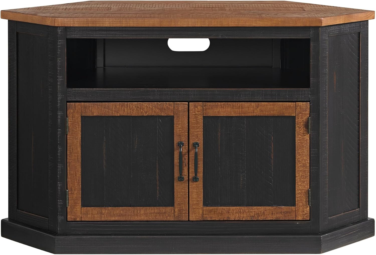 Martin Svensson Home Rustic Solid Wood Corner TV Stand - Black with Honey Top and Doors - Hexagonal Shape and Farmhouse Design Entertainment Center with Shelves Included