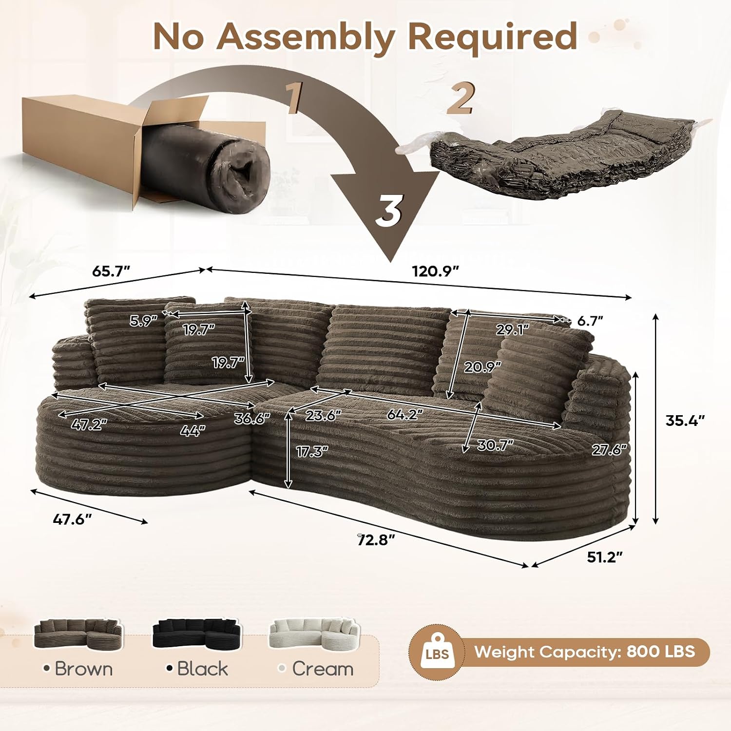120'W Oversized Modern Curved Cloud Couch,Corduroy Modular Sectional Sofa with Chaise, L Shaped Boneless Couch, Compression Foam Sofa for Living Room Bedroom, No Assembly Required(Left Facing, Brown)