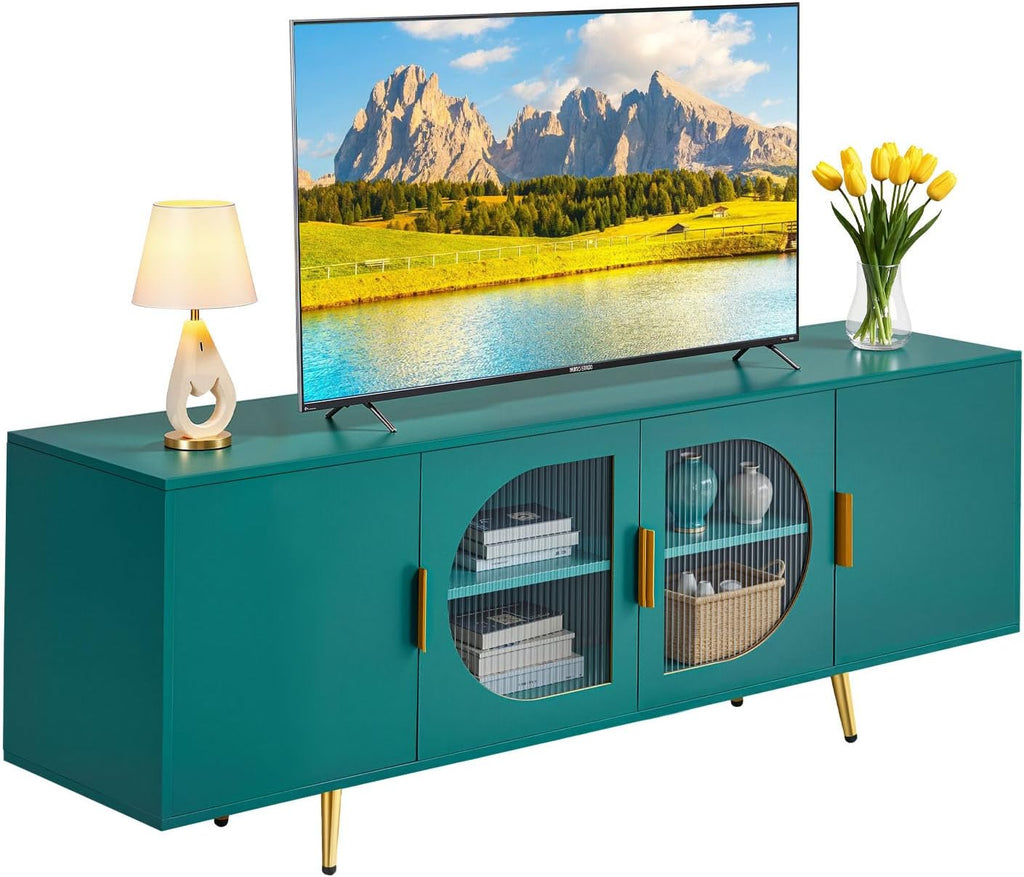 VEVOR TV Stand for TVs up to 75 inch, Modern Entertainment Center with Glass Doors and Gold Legs, TV Storage Cabinet with Adjustable Shelves, Wood Media Console for Living Room and Bedroom, Dark Green