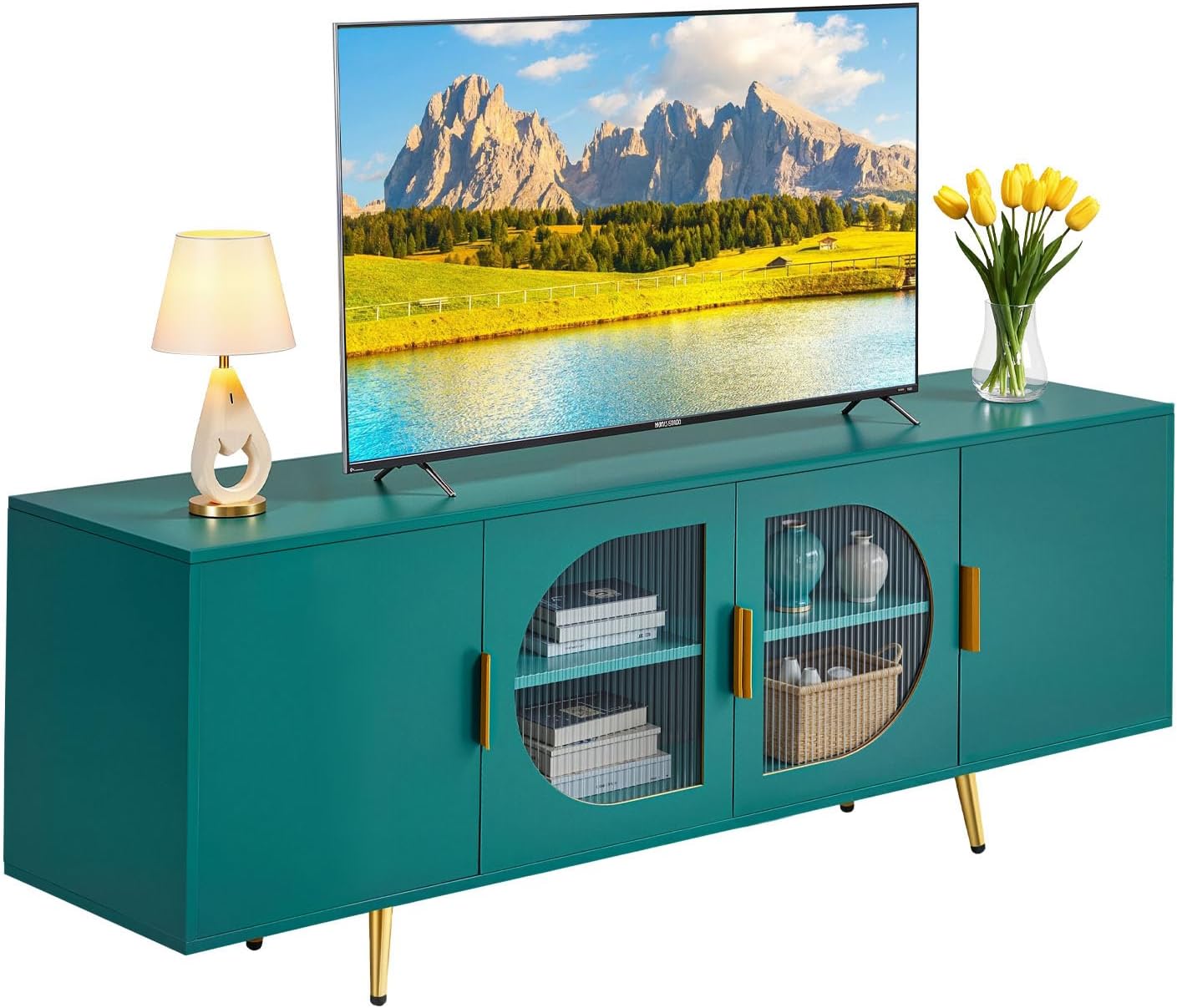 VEVOR TV Stand for TVs up to 75 inch, Modern Entertainment Center with Glass Doors and Gold Legs, TV Storage Cabinet with Adjustable Shelves, Wood Media Console for Living Room and Bedroom, Dark Green