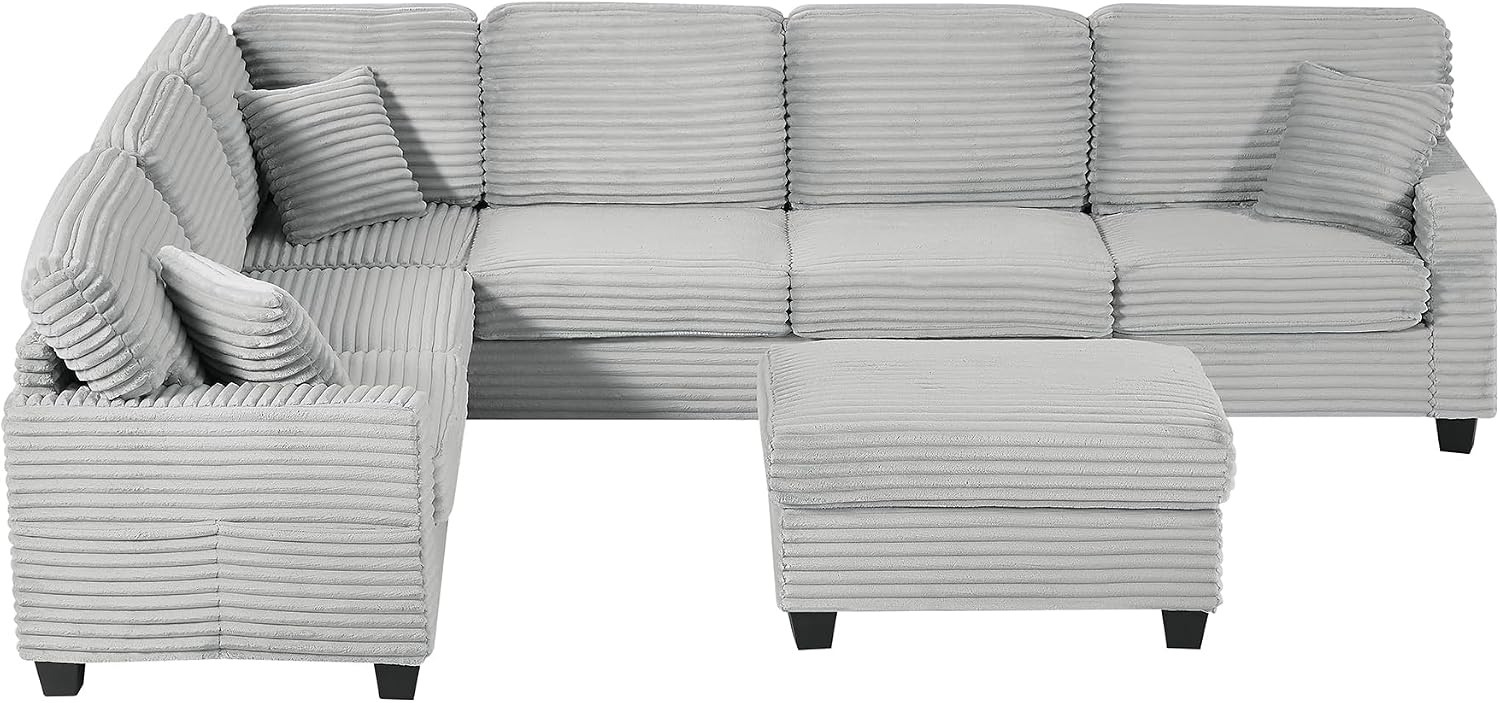 125.2' Sectional Sofa U-Shaped Upholstered Sofa L-Shaped Couch with a Movable Ottoman and Side Storage Pockets for Living Room, Grey