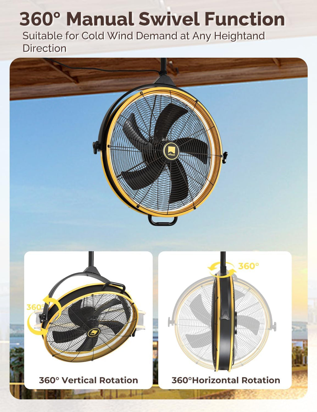 Orison 24.8'' Outdoor Ceiling Fan, 6 Speed Ceiling Mounted Plug-In Cord Garage Fan with Remote&APP, 360-degree Manual Vertical Rotation, Hook up, Gazebo, Patio, Pergola (5 blades- Yellow&Black)
