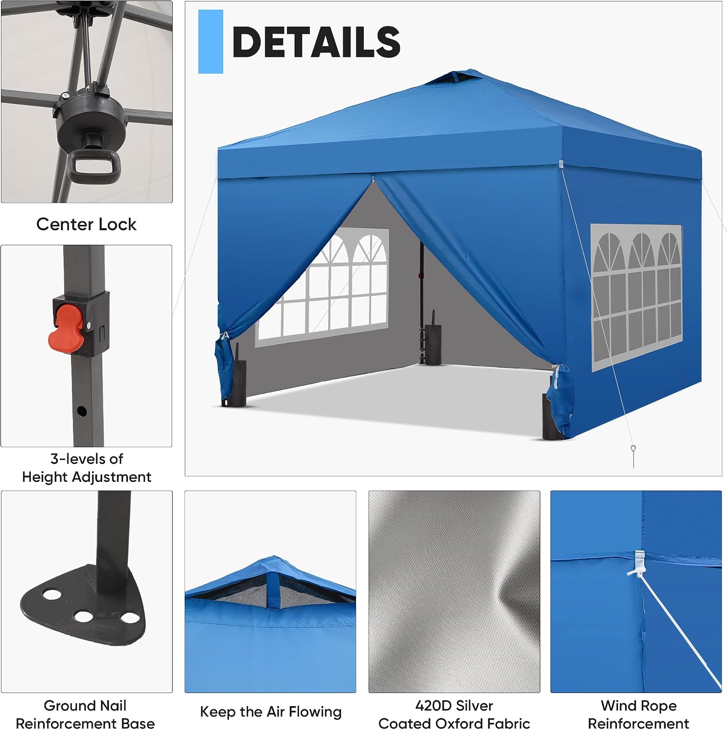 GDY 10x10 Pop Up Canopy Tent with 4 Sidewalls, Easy Set up with One Push Lift Outdoor Silver Coated Beach Gazebos, Carpas with 4 Sandbags, for Events, Parties, and Camping, Navy Blue.