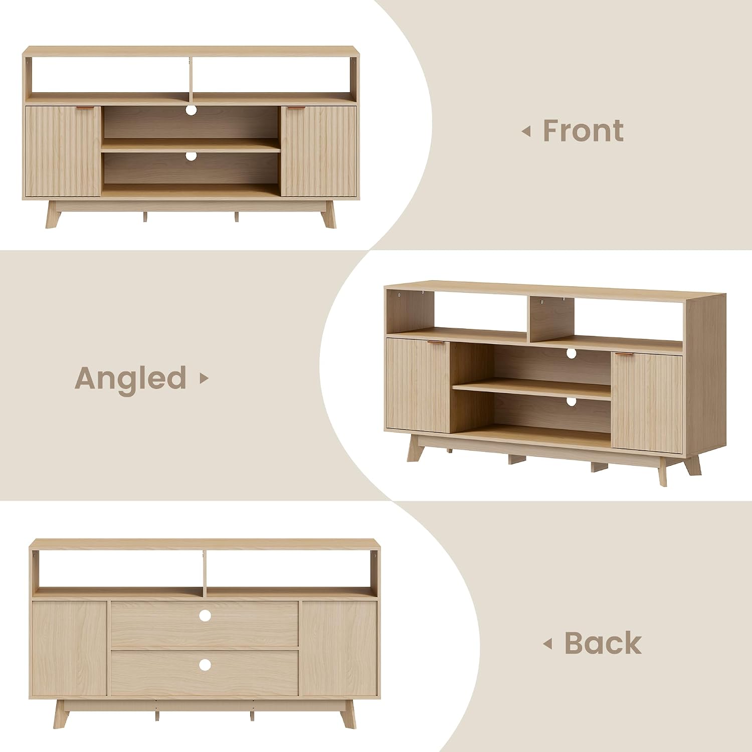 EROMMY Mid Century Modern TV Stand, 59 Inches Entertainment Center with Storage, Tall TV Media Console with 2 Fluted Doors Suitable for 50/55/60/65 TV in Living Room, Bedroom