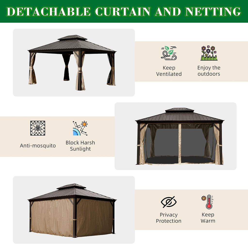 Domi 10x12FT Hardtop Gazebo, Outdoor Gazebo with Double Galvanized Steel Roof, Metal Pavilion Shelter for Patio, Lawn and Garden, Detachable Curtain and Netting Included, Brown