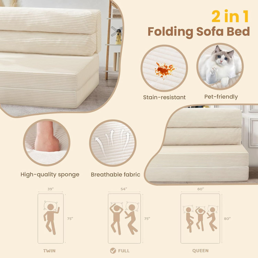 JUIKURY Folding Sofa Bed, Convertible Sleeper Chair with Pilow Foldable Matress, 2 in 1 Pull Out Loveseat Sofa Portable Fold Out Chair Bed Floor Couch Lounge for Living Room Bedroom (Beige, Queen)