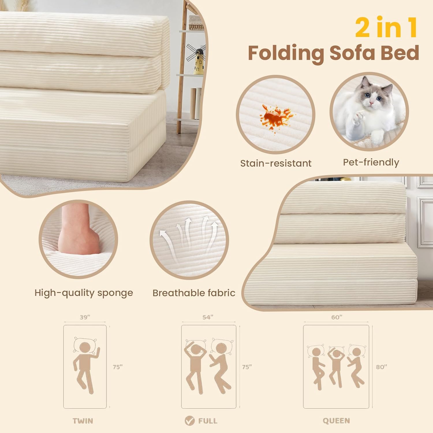 JUIKURY Folding Sofa Bed, Convertible Sleeper Chair with Pilow Foldable Matress, 2 in 1 Pull Out Loveseat Sofa Portable Fold Out Chair Bed Floor Couch Lounge for Living Room Bedroom (Beige, Queen)