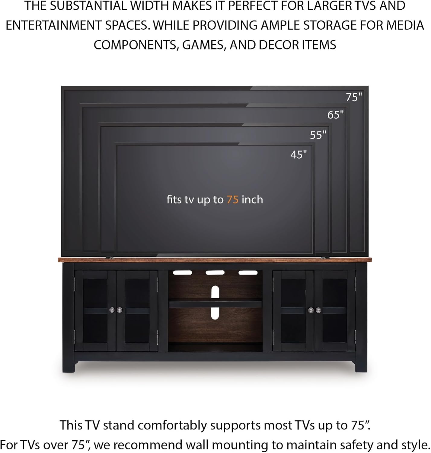 Signature Design by Ashley Wildenauer Modern Farmhouse 76' TV Stand for TVs up to 86' with Adjustable Shelves and Wire Management, Brown & Black