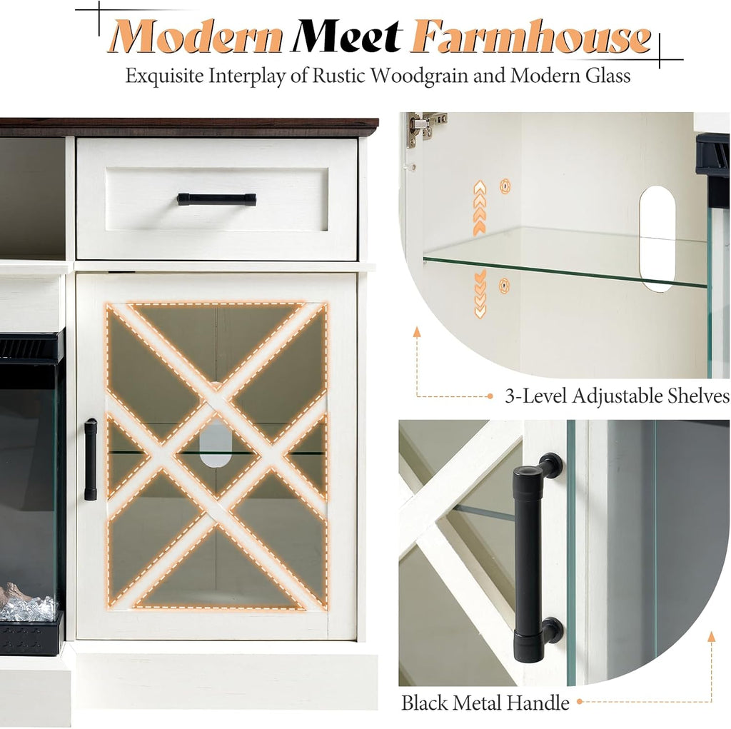 AMERLIFE Farmhouse LED Fireplace TV Stand with 3-Sided Glass Fireplace, 70' Large Entertainment Center for TVs up to 80', Rustic TV Console with Glass Door Storage for Living Room, Barnwood+White