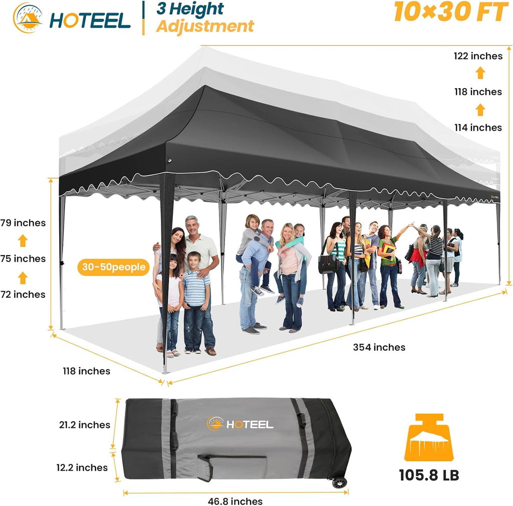 HOTEEL 10x30 Pop Up Canopy with 8 Sidewalls, UV 50+ and Waterproof 10×30 Party Tent, Thickened Frame, Large Space Easy Pop Up Canopy, Outdoor Canopy for Weddings, Beaches, Parties, Patio (Black)