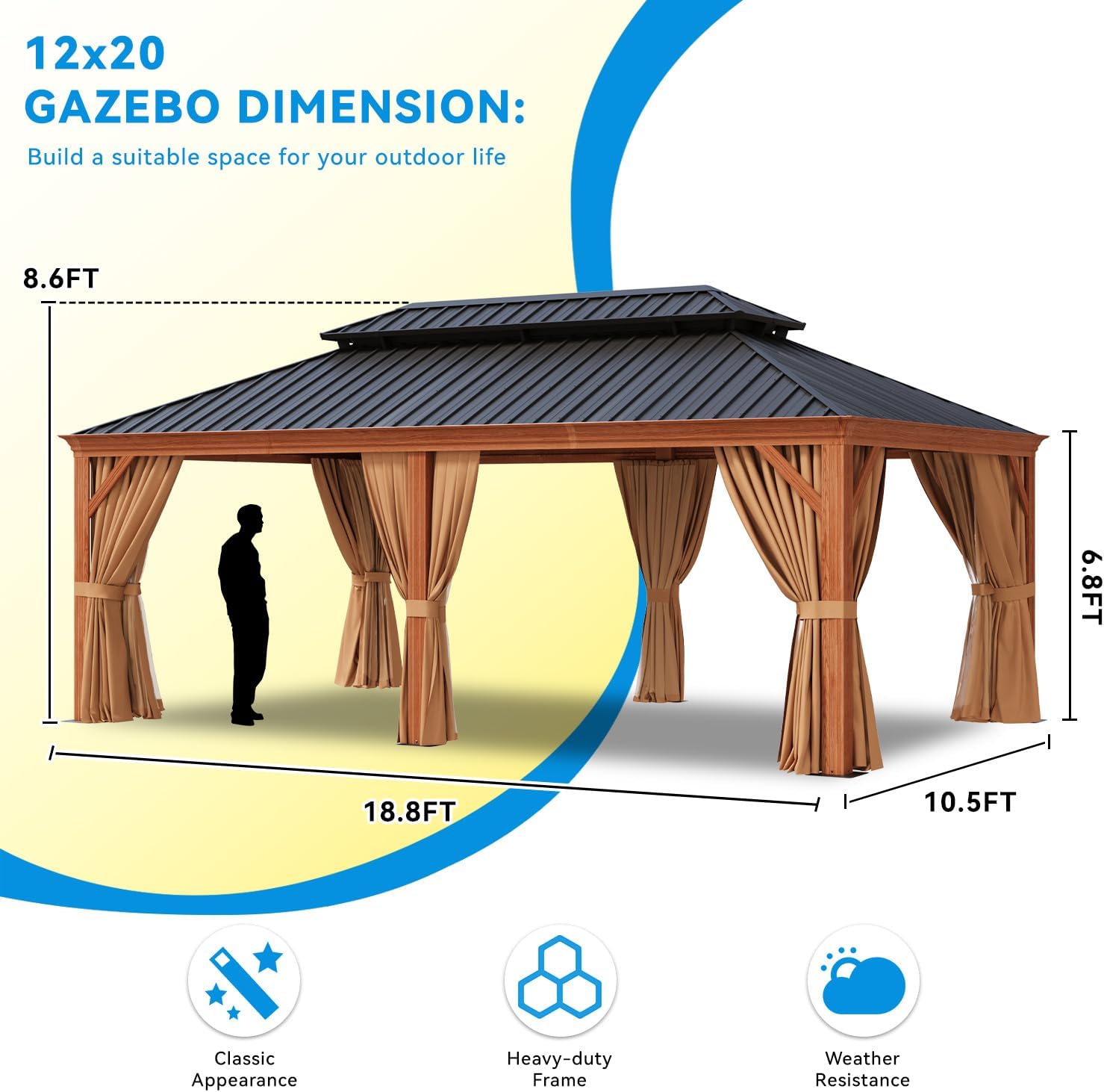 12' x 20' Hardtop Gazebo, Wooden Finish Aluminum Frame with Galvanized Steel Double Roof, Permanent Outdoor Metal Pavilion with Curtains and Netting, Ideal for Backyard, Patio, and Deck