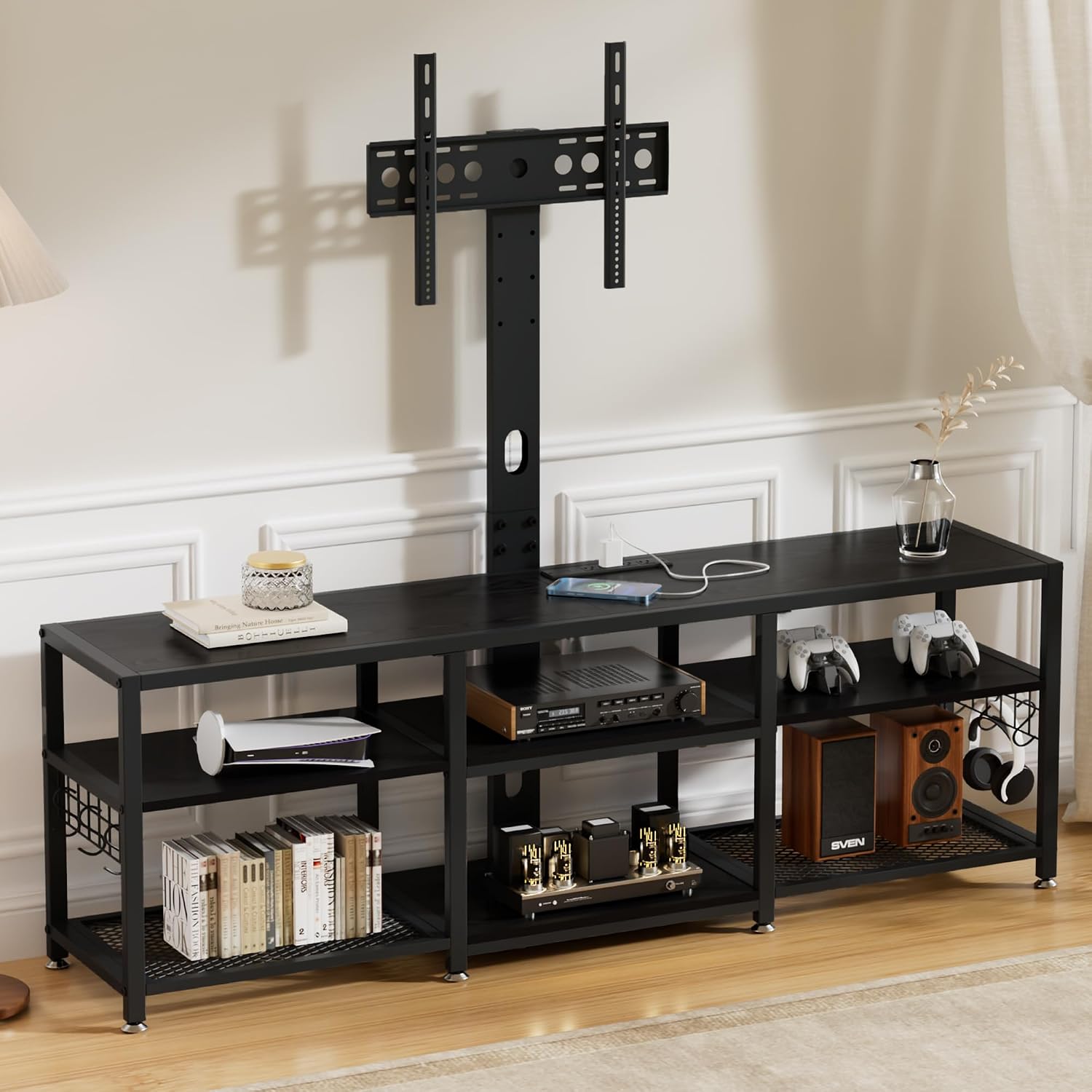 VECELO TV Stand with Mount and Power Outlets, Entertainment Center for 60/65/70/75/80 inch TVs, Height Adjustable Media Console with Storage Shelves, for Living Room, Bedroom, Black