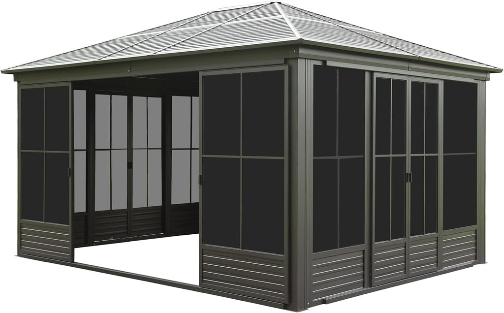 12x14FT Outdoor Sunroom Hardtop Gazebo with Lockable Doors & Movable PVC Windows | All-Weather Galvanized Steel Roof & Aluminum Frame, Black Solarium Screen House for Patio, Deck, Backyard