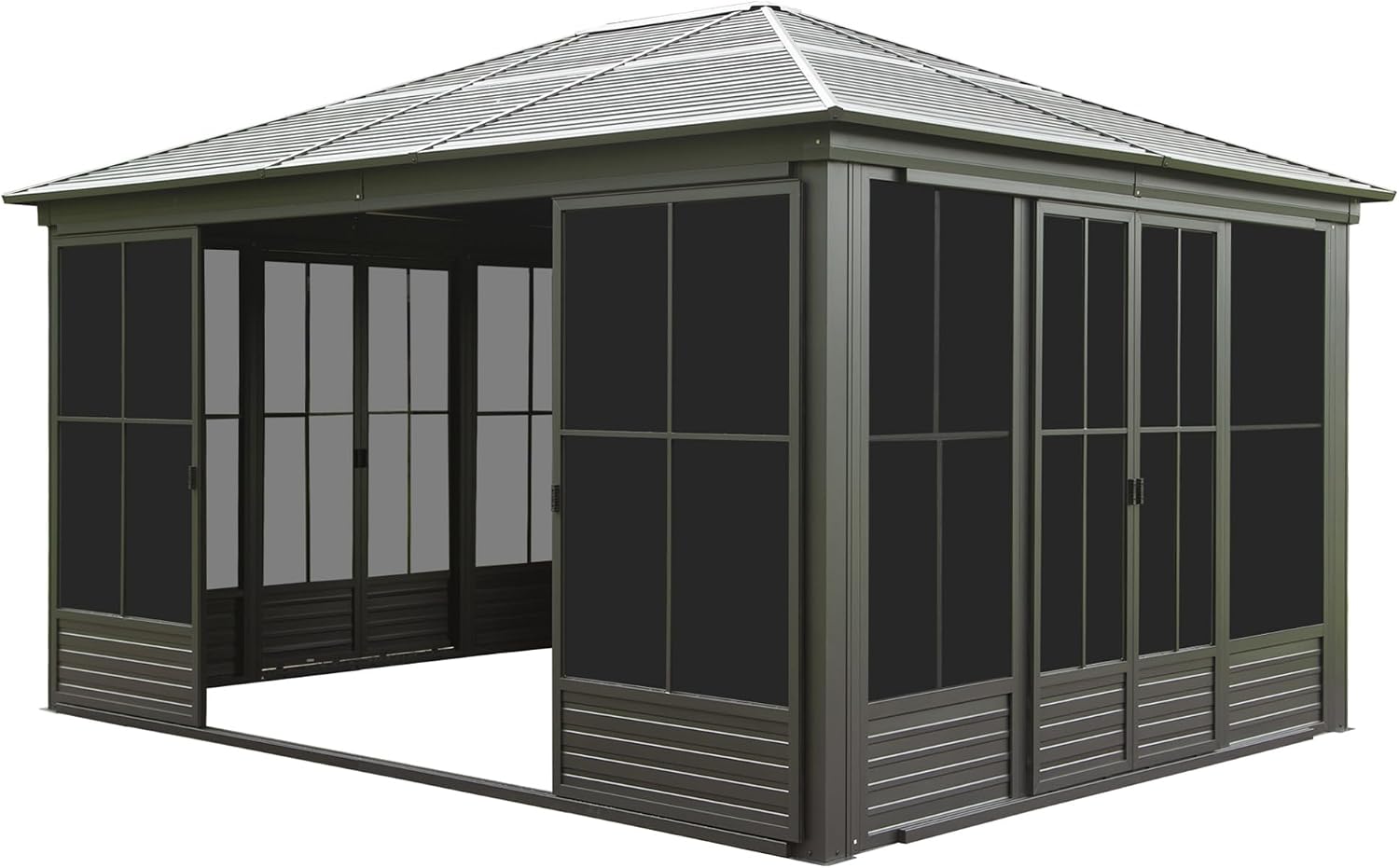 12x14FT Outdoor Sunroom Hardtop Gazebo with Lockable Doors & Movable PVC Windows | All-Weather Galvanized Steel Roof & Aluminum Frame, Black Solarium Screen House for Patio, Deck, Backyard