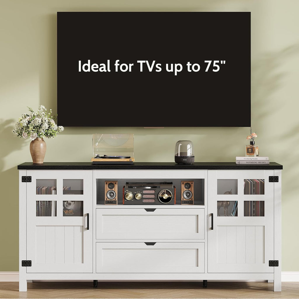 Farmhouse TV Stand for 65 70 75 Inch TVs, Entertainment Center with Adjustable Shelves, 2 Barn Doors and Drawers, Storage Media Cabinet for Living Room or Bedroom-White
