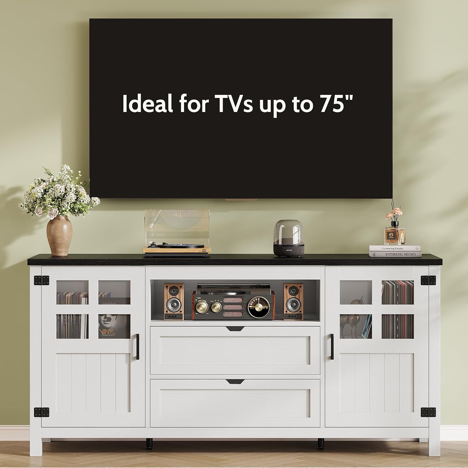Farmhouse TV Stand for 65 70 75 Inch TVs, Entertainment Center with Adjustable Shelves, 2 Barn Doors and Drawers, Storage Media Cabinet for Living Room or Bedroom-White