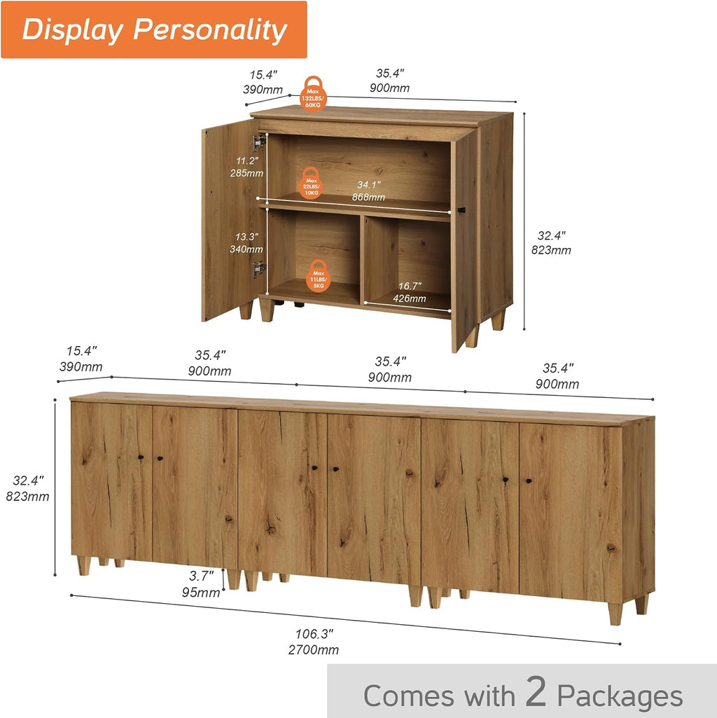 WAMPAT TV Stand Cabinets for 85+ Inches TVs, 3-in-1 Wood Entertainment Center with Doors and 9 Compartments, 106' Modern Media Console Table with Storage for Living Room Bedroom, Oak Brown