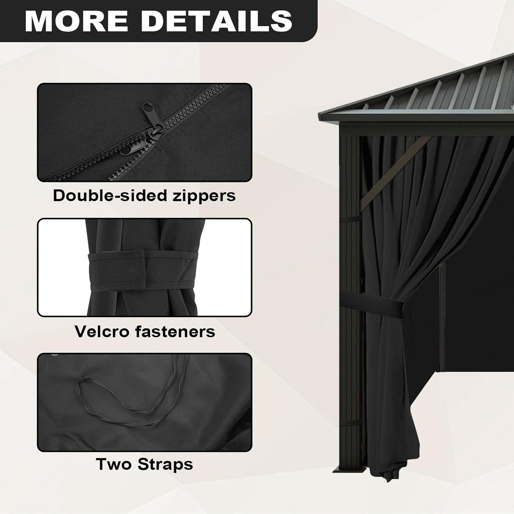 slashome 10'x12' Gazebo Curtains Outdoor Waterproof, Black Universal Replacement Curtain 4-Panels, Sidewalls with Zipper for Garden, Patio, Yard (Only Curtains)