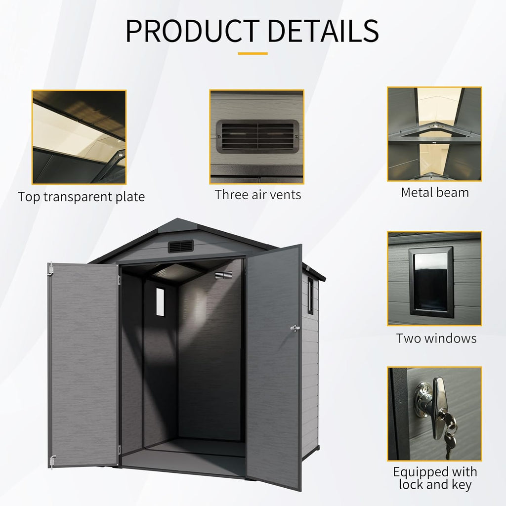6x6 ft Outdoor Resin Storage Shed with Floor, Waterproof Plastic Garden Shed with Lockable Door, 2 Side Windows and Full-Length Ridge Skylight, All-Weather Tool Sheds for Backyard, Patio, Lawn