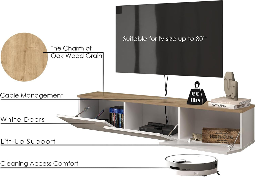 Atelier Mobili Floating TV Stand - Wall Mounted, Supports up to 80 inch TV, Modern White Entertainment Center for Living Room, White Floating TV Stand with Oak Counter Design