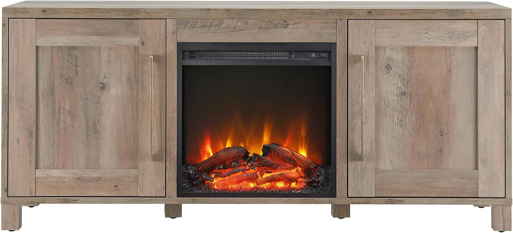 Chabot Rectangular TV Stand with Log Fireplace for TV's up to 65' in Gray Oak