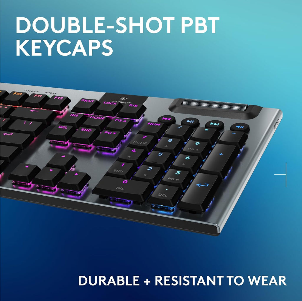 Logitech G915 X Lightspeed Low-Profile Wireless Gaming Keyboard, Double-Shot PBT Keycaps, Fully Programmable Keys, RGB Backlighting, Sleek Aluminum Finishing, GL Red Linear Switches - PC/Mac - Black