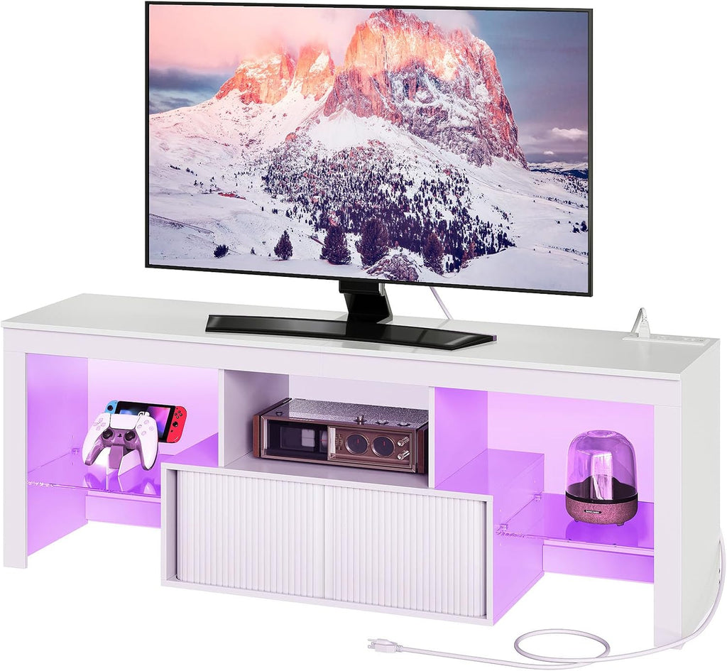 CHOEZON TV Stand with Power Outlet, Modern TV Cabinet for 55 60 inch TVs, Media TV Console with LED Light Strip, Media Entertainment Center with Storage, for Living Room, Bedroom, White MDS02UDWB