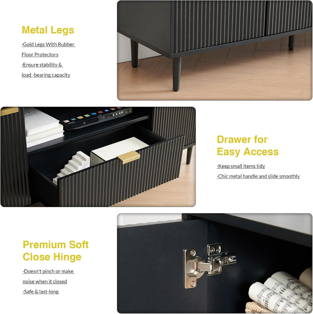 Okvnbjk Black TV Stand for 65 Inch TV, TV Consoles for Living Room, TV Stand for Bedroom w/Drawer and Storage, Wood Fluted Panel Media Console, Entertainment Center w/Soft Hinge & Cable Management
