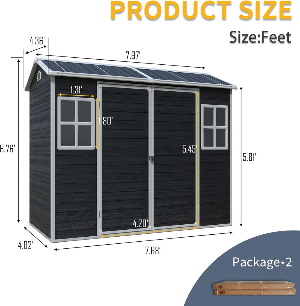 8x4 FT Outdoor Storage Shed with Floor, Weather Resistant Tool Shed with Lockable Door, Vents & Windows, Resin Garden Sheds with Sloped Roof for Backyard, Patio, Lawn, Black