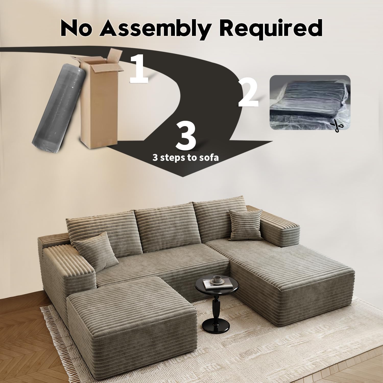 107.5'Cloud Modular Sectional Couch with 1 Ottoman,Modern Minimalist Upholstered Couches, Comfort U Shaped Sofa for Living Room,Deep Seat Corner Couch，No Assembly Required (Camel,Right Facing Chaise)