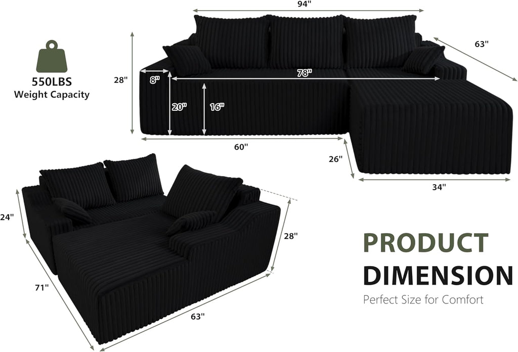 HABUTWAY 94'' Cloud Sectional Couch, Boneless Sofa with Deep Seat, Modular Comfy L-Shape Couch with Chaise for Living Room Bedroom, No Assembly Required(Black,Right Facing Chaise)