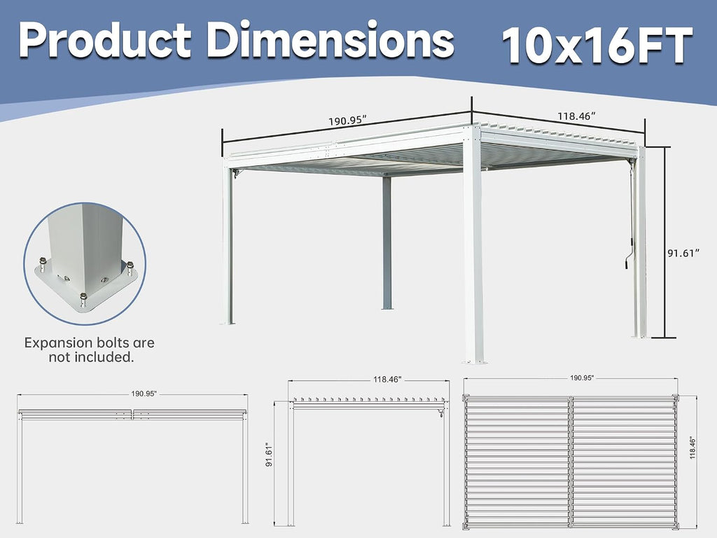 Domi Outdoor Pergola 10' x 16' Aluminum Louvered Pergola with Adjustable Roof, Aluminum Frame, Efficient Drainage System for Patio, Deck, Garden, White