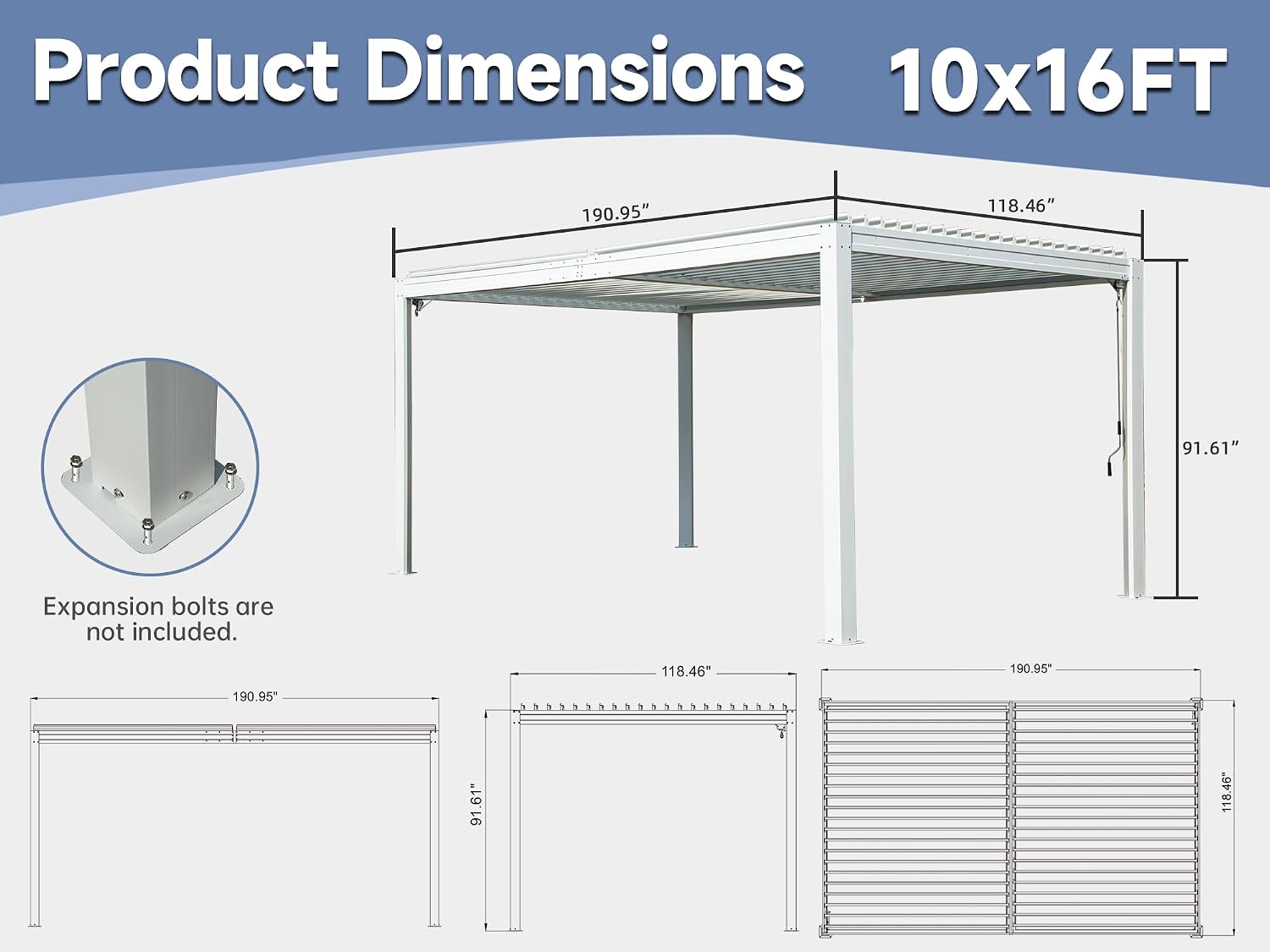 Domi Outdoor Pergola 10' x 16' Aluminum Louvered Pergola with Adjustable Roof, Aluminum Frame, Efficient Drainage System for Patio, Deck, Garden, White