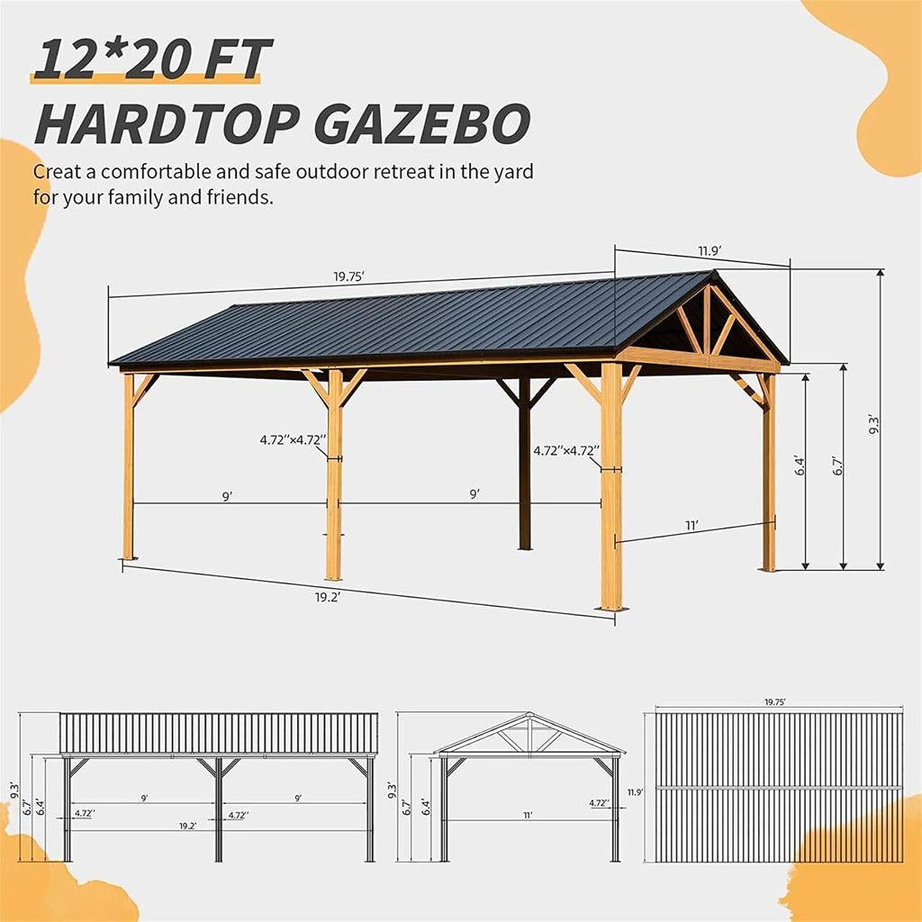 12'x20' Hardtop Gazebo, Outdoor Wooden Coated Aluminum Frame Hard Top Gazebo with Galvanized Steel Double Roof, Permanent Metal Roof Gazebo Pavilion for Deck, Patio and Garden (Yellow-Brown)
