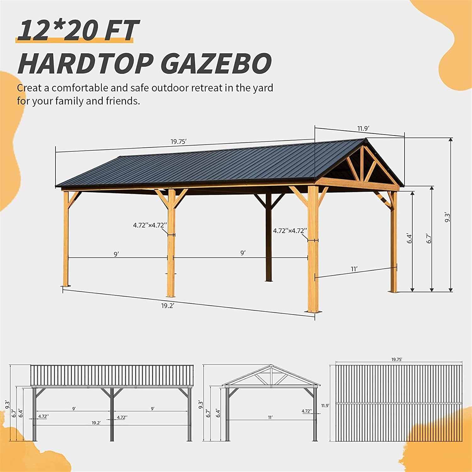 12'x20' Hardtop Gazebo, Outdoor Wooden Coated Aluminum Frame Hard Top Gazebo with Galvanized Steel Double Roof, Permanent Metal Roof Gazebo Pavilion for Deck, Patio and Garden (Yellow-Brown)