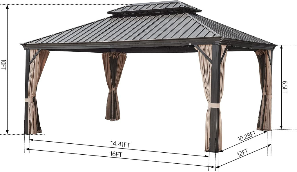 Ulax Furniture 12' x 16' Outdoor Gazebo Patio Permanent Hardtop Pergola with Aluminum Frame Galvanized Steel Double Roof Mosquito Net and Privacy Curtain