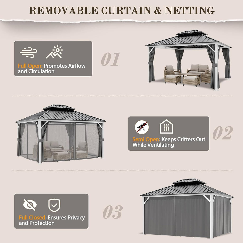 EAGLE PEAK 12x14 Hardtop Gazebo, Galvanized Steel Double Roof with Aluminum Frame, Outdoor Pavilion with Netting and Curtains for Patio, Deck, Lawn and Garden, White/Gray