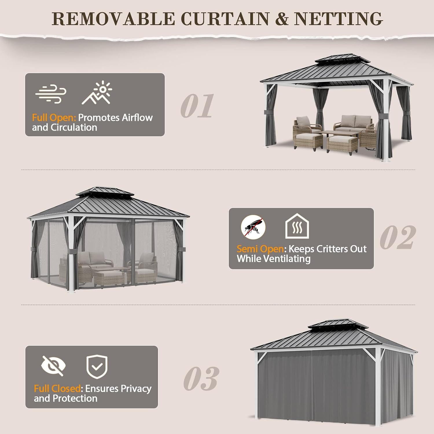 EAGLE PEAK 12x14 Hardtop Gazebo, Galvanized Steel Double Roof with Aluminum Frame, Outdoor Pavilion with Netting and Curtains for Patio, Deck, Lawn and Garden, White/Gray