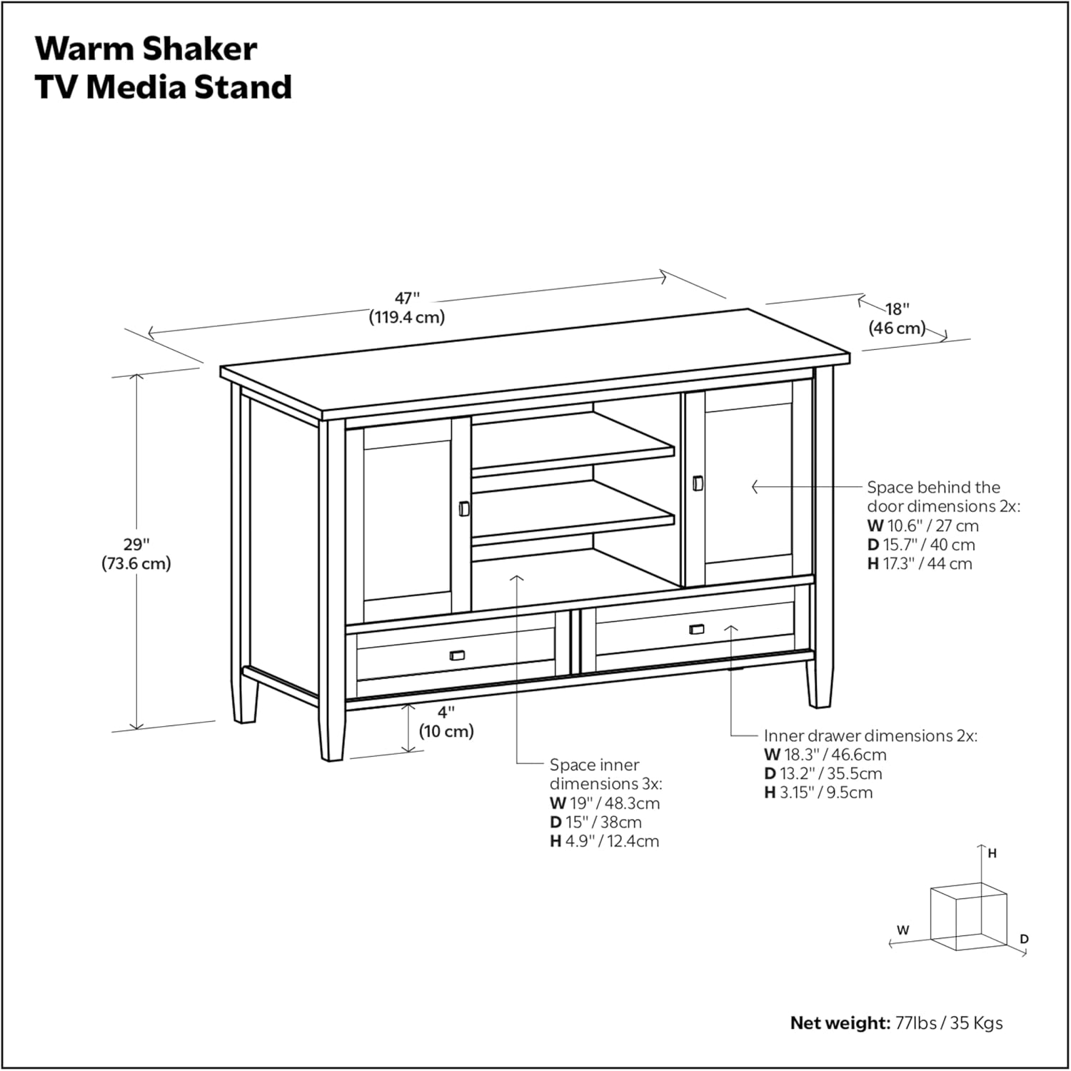 SIMPLIHOME Warm Shaker TV Stand - 47 inch Wide Solid Wood Media Console in Black, Transitional Entertainment Center for TVs up to 50 Inches with 2 Cabinets, 2 Drawers, and Cord Management