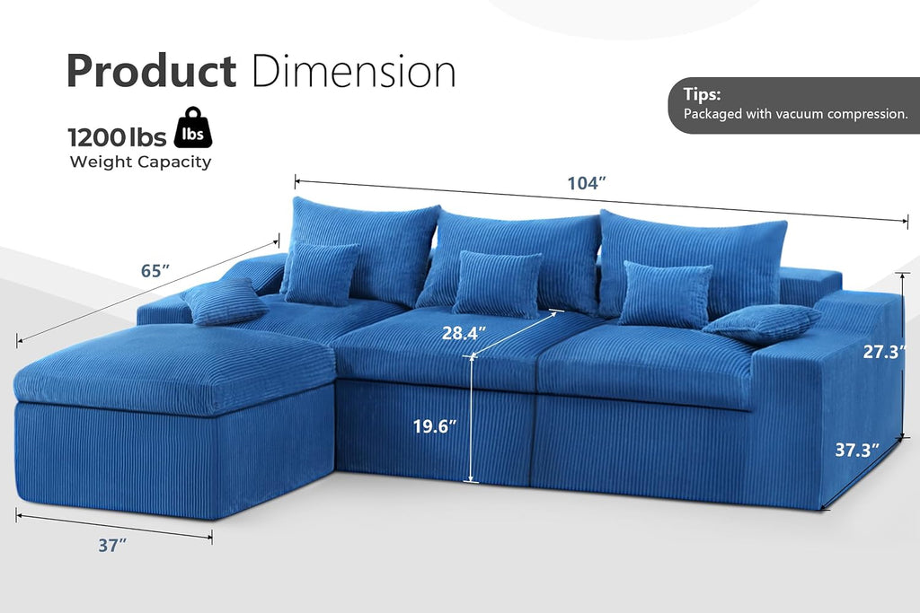 HABUTWAY 104' L Shaped Cloud Sectional Couch, Boneless Modular Sectional Sofa with Deep Seat, Corduroy Couches for Living Room, Modular Couch, No Assembly Required (Blue)