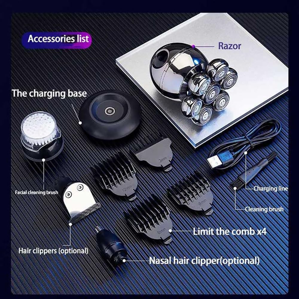 Head Shaver for Men, 5 in 1 7D Floating Cutter Head Base Charging Portable Electric Shaver Men Beard Trimmer Clipper Skull Shaver Waterproof Shaving Machine (Color : OneColor)