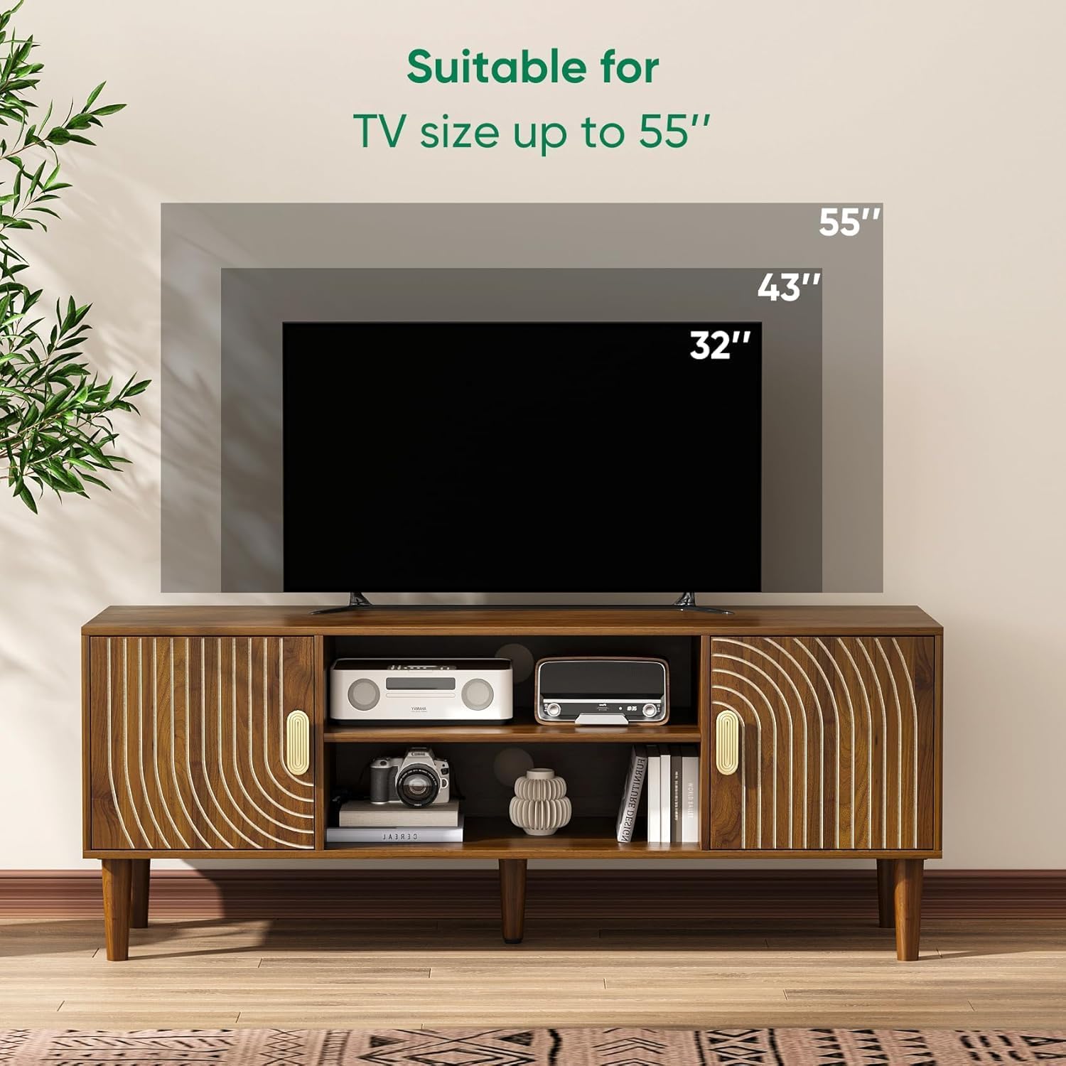 47' TV Stand for TVs up to 55 Inch, Entertainment Center with Storage and Adjustable Shelves, Modern Media Console for Living Room, Walnut