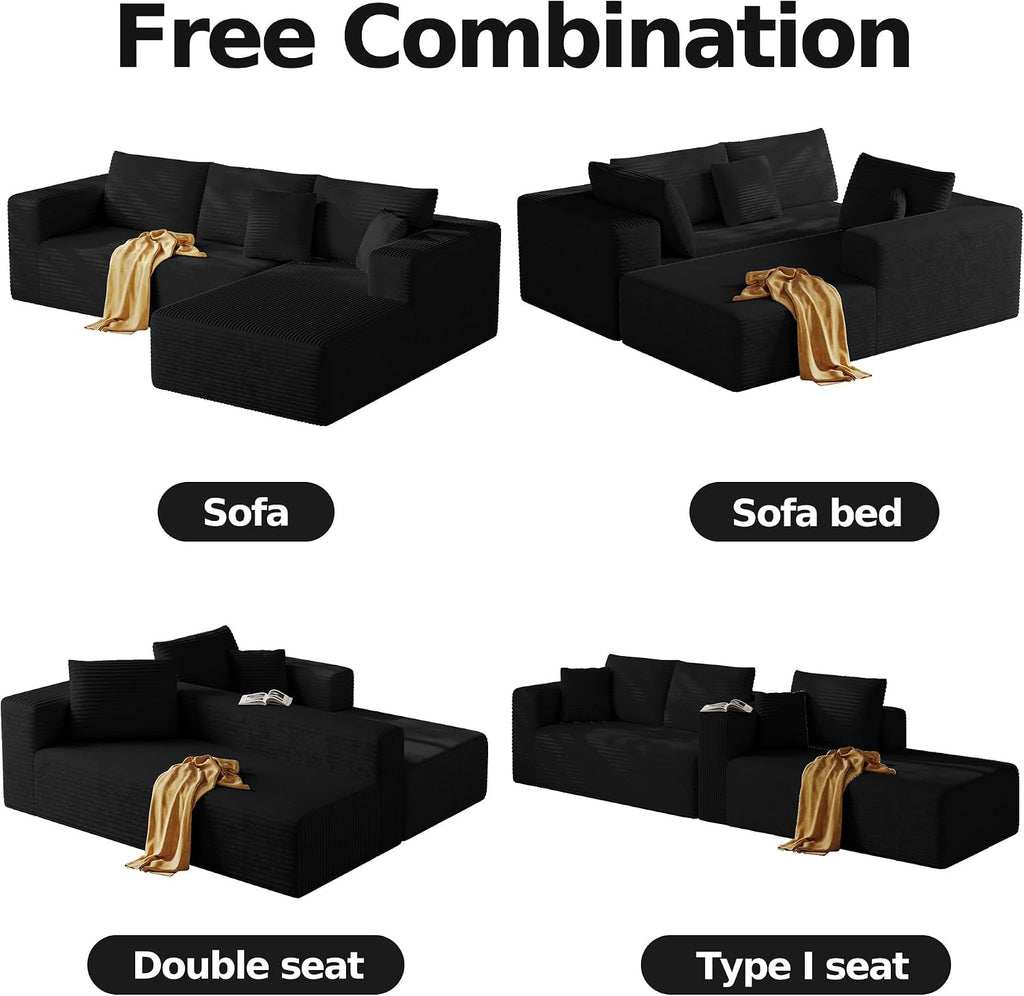 CHORRO108''Sectional Boneless Cloud Sofa,Modern Modular L-Shape Couch for Living Room,Corduroy Convertible Sponge Sleeper Sofas,Upholstered Lougne Chaise Couchs-with Soft Pillow (Black, Lshaped-Right)