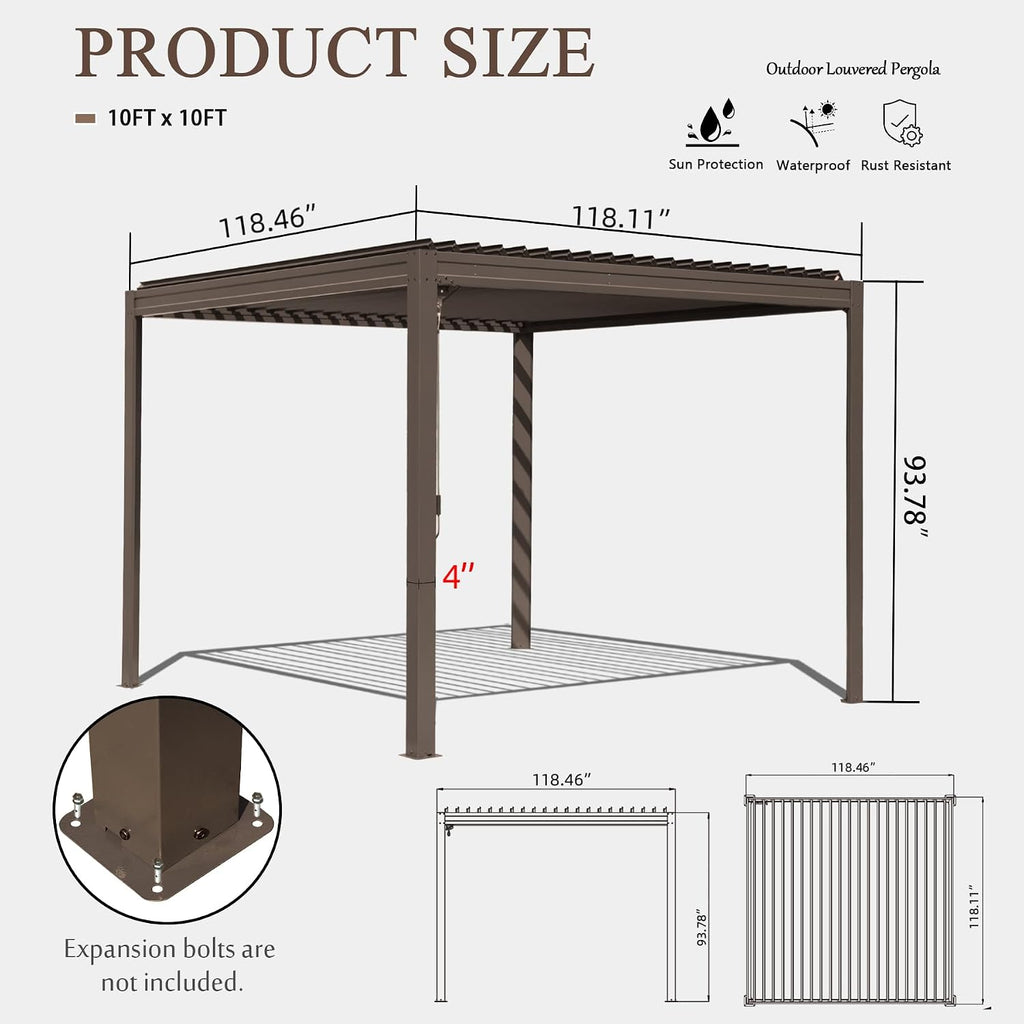 Domi Outdoor Louvered Pergola 10x10FT with Adjustable Steel Roof, Outdoor Aluminum Frame Rainproof Pergola for Backyard, Garden and Lawn,Brown
